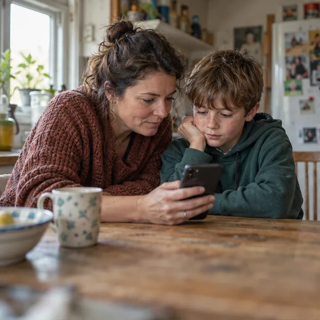 Illustrative photograph of a parent and child reviewing a phone together