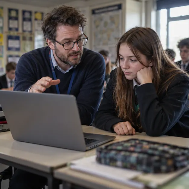 Illustrative photograph of a teacher speaking with a pupil beside a laptop