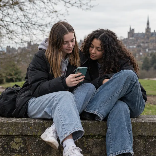 Illustrative photograph of two teenage friends looking at a phone